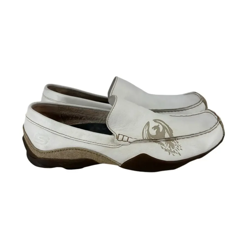 Vintage Y2K Skechers White Leather Driving Moc Mens 10.5 Streetwear Skate Dragon